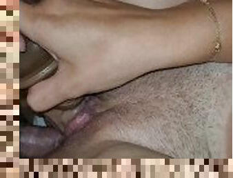 Double penetration huge dildo in the juicy pussy and a cock in the asshole early in the morning