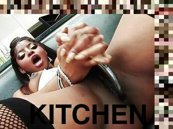 Interracial Kitchen Climax with two horny lesbos