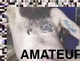Tatted teddy bear cums rope after rope after edging and makes a mess