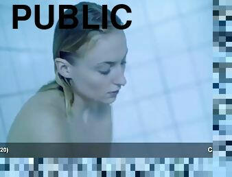 bañando, público, famoso, ducha