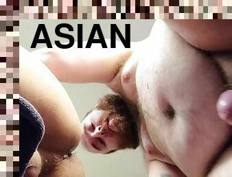 White cub bareback fucks asian bottom in the living room