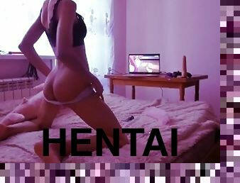 Femboy jerks off on hentai and cums deliciously for ass