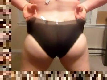 Shaking sissy ass in an old pair of panties and bra