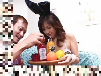 Cute Asian maid serves her boss some drinks then sucks his dick