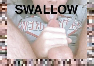 Teen boy cums in his own mouth and swallows