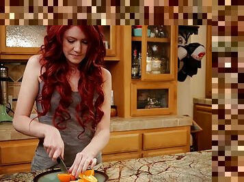 Redhead on the kitchen counter dildo fucking in socks