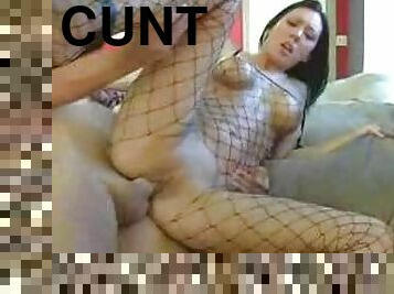 Nice fishnets on this slut with a shaved cunt