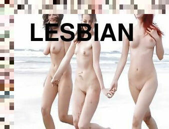 gros-nichons, en-plein-air, lesbienne, trio, brunette