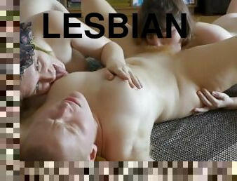 Big titted lesbians with hairy cunts and armpits orgasm from oral sex during threesome