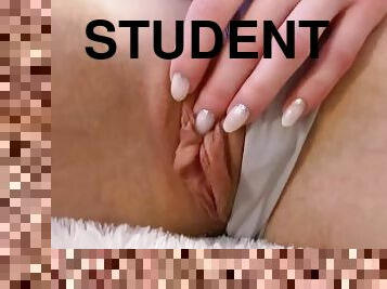 Horny student likes to see her pussy in the mirror when masturbates. Solo pussy play orgasm