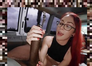 Nerdy young redhead walks into the bang bus for her first BBC treat