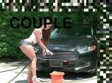 Soapy fun as she washes his car then rides his fat cock