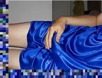 Masturbation with cum in blue satin silk lingerie