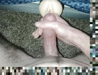 Fucking Fleshlight with butt plug in and cumming - moaning male