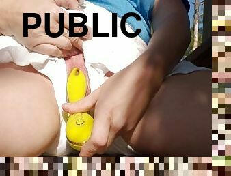 Public park crotchless shorts on bench with dildo orgasm as people  kayak past