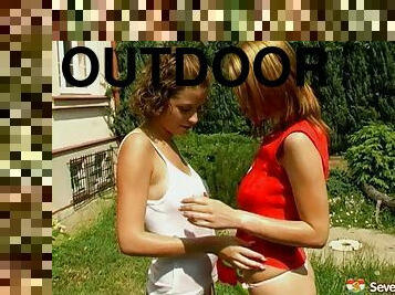 Hot girls have a water fight in their underwear then fuck in the grass