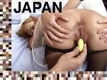 Blonde Japanese chick gets her tight holes fisted by two guys who stick toys inside