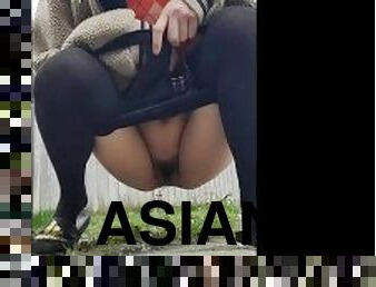 asian teen student backyard pee golden shower in black sexy thigh highs