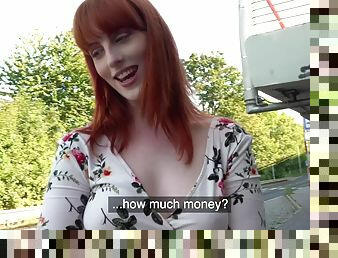 Redhead chick with trimmed pussy gives a BJ and rides in public