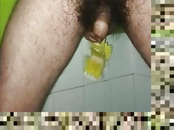 Indian middle age man use toilet brush and free hand cum 