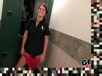 Brunette teen Tyler Michaels fucks in a locker room wearing a uniform