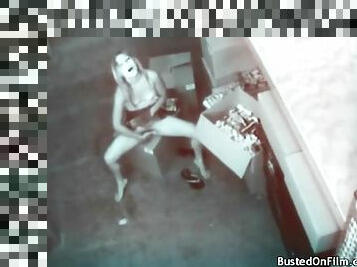 Slut in skirt masturbates on security camera