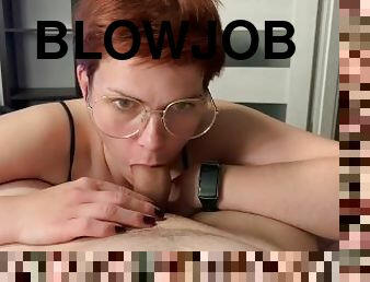 Redhead gives a sweet slow blowjob