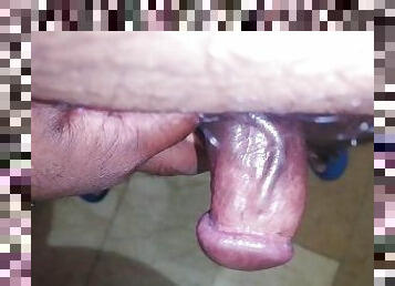 Small black dick handjob fun in washroom