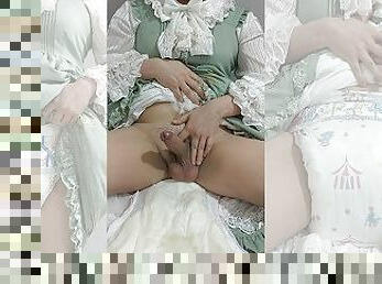 Crossdresser Wearing a Green Girly Dress and a Thick Diaper, then Jerking off ??? ?? ?? ???03