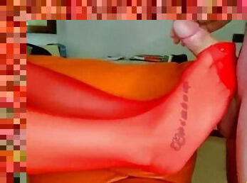 Red sock big cock cum on feet