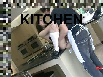 Things get hot in the kitchen when he fucks her on the floor