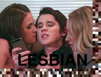 Lovable lesbian panorama where three gals engages in kissing and fisting