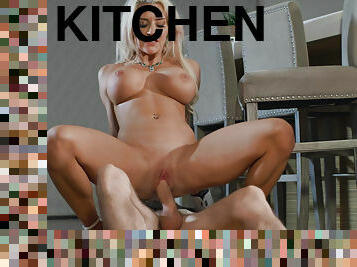 Curvy Sienna Day with fake tits gets fucked hard in the kitchen and cum on her face