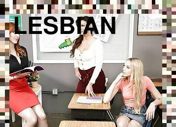 Becky Bandini, Lily Larimar and Lauren Phillips make love in the classroom
