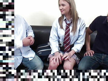 Euro schoolgirl & two Asian guys