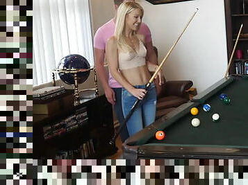 Stepmom plays with stepson's cue stick