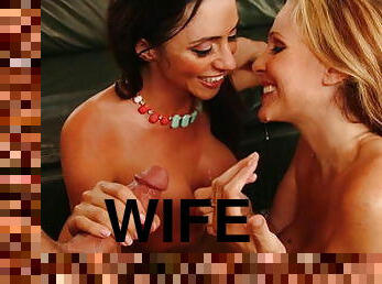 Sexy wives enjoy sharing cock while on vacation
