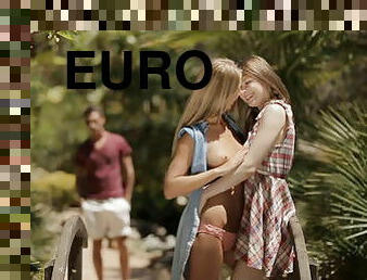 Super cute Euro teens share a cock, outside