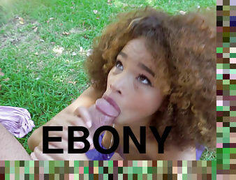 Petite ebony Cecilia Lion POV blowjob on the lawn