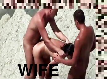Vacation threesome wife fucked by strangers on the beach