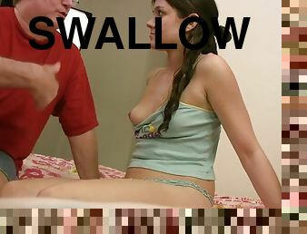 Kristen sucks and swallows on cam