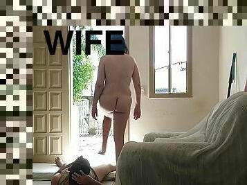 Me and my wife having sex in front of the street. She teases me naked in the front yard