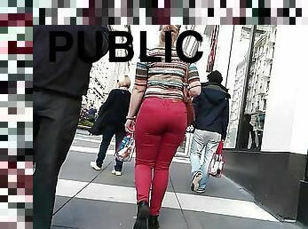 Blonde PAWG (fat ass white girl) in tight red jeans on public