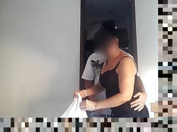 Maid has huge natural tits and lets her boss squeeze them the way she likes