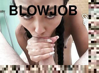 Bianca Bangs - pigtailed exotic brunette teen gives POV blowjob
