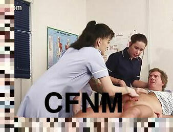CFNM euro nurse instructs cock tugging babes