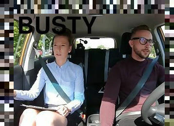 Busty milf fucked outdoors in the car by a driving student