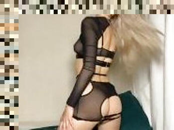 Blonde in black lingerie gets aroused by her neighbors' moans