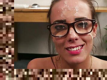 Freaky dude shoots his semen all over Lexi Layo's pretty face and glasses