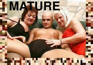 mature, granny, trio, horny, canapé, dure